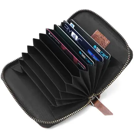 Leather Zip Card Holder Compact Accordion Wallet